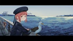 Rule 34 | 1girl, animal, beret, bird, blue hat, blue jacket, blue sailor collar, blue sky, blush, brown eyes, brown hair, character name, closed mouth, day, eyebrows hidden by hair, hat, horizon, jacket, kantai collection, letterboxed, lifebuoy, long sleeves, looking at viewer, looking to the side, luicent, ocean, outdoors, sailor collar, seagull, short hair, sidelocks, sky, solo, swim ring, water, z3 max schultz (kancolle)