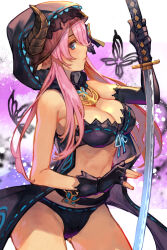 Rule 34 | 1girl, asymmetrical gloves, bikini, black bikini, black gloves, breasts, bug, butterfly, cleavage, draph, fingerless gloves, gloves, granblue fantasy, horns, hungry clicker, insect, katana, large breasts, looking at viewer, narmaya (granblue fantasy), narmaya (the black butterfly) (granblue fantasy), official alternate costume, pointy ears, single fingerless glove, solo, swimsuit, sword, uneven gloves, weapon