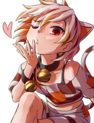 Rule 34 | 1girl, absurdres, adapted costume, animal ears, bell, blowing kiss, calico, cat ears, cat girl, cat tail, collarbone, commentary request, crop top, gold, goutokuji mike, heart, highres, jingle bell, kusiyan, maneki-neko, multicolored clothes, multicolored hair, multicolored shirt, multicolored shorts, multicolored tail, navel, neck bell, off-shoulder shirt, off shoulder, one eye closed, orange eyes, patch, patchwork clothes, shirt, short hair, short sleeves, shorts, simple background, streaked hair, tail, touhou, white background, white hair