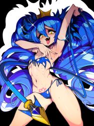 Rule 34 | 1girl, absurdres, armpits, arms up, bikini, blue bikini, blue hair, blue tail, bombergirl, cameltoe, cleft of venus, covered erect nipples, crown, drill hair, fangs, flat chest, heart, heart tattoo, highres, lewisia aquablue, long hair, navel, pointy ears, pubic tattoo, ribs, shiny skin, slugbox, solo, standing, sweat, swimsuit, tattoo, tongue, tongue out, twin drills, yellow eyes