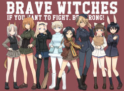 Rule 34 | &gt;:), 10s, 502nd joint fighter wing, 6+girls, aleksandra i. pokryshkin, animal ears, bag, black hair, black pantyhose, blonde hair, blue eyes, blush, boots, brave witches, breasts, broom, brown eyes, brown hair, cat ears, copyright name, dog ears, edytha rossmann, english text, engrish text, georgette lemare, gundula rall, hairband, kanno naoe, large breasts, loafers, long hair, looking at viewer, military, military uniform, miniskirt, multiple girls, nikka edvardine katajainen, no pants, one eye closed, open mouth, pantyhose, paper bag, pointing, pointing at viewer, rabbit ears, rabbit girl, ranguage, ribbed sweater, shimada fumikane, shimohara sadako, shoes, short hair, simple background, skirt, smile, strike witches, sweater, tail, twintails, uniform, v-shaped eyebrows, waltrud krupinski, white legwear, world witches series