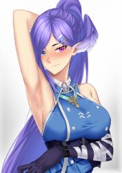 Rule 34 | 1girl, absurdres, arm under breasts, armpits, asymmetrical arms, bandaged arm, bandages, bare shoulders, belt, blue dress, blue eyes, blush, breasts, coat, collared dress, dragon girl, drawtasu, dress, fang, hair ornament, hairclip, halter shirt, halterneck, head wings, heterochromia, highres, large breasts, long hair, looking at viewer, military coat, nijisanji, nijisanji en, nose blush, official alternate costume, pointy ears, ponytail, presenting armpit, purple belt, purple eyes, purple hair, purple wings, selen tatsuki, selen tatsuki (2nd costume), simple background, skin fang, sleeveless, smile, solo, sweat, upper body, virtual youtuber, white background, wings