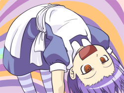 Rule 34 | futaba channel, hairline, maid, nijiura maids, non-web source, purple eyes, purple hair, short hair, smile, solo, striped clothes, striped thighhighs, thighhighs, upside-down, yakui