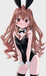 Rule 34 | 1girl, absurdres, aisaka taiga, animal ears, arms at sides, bad id, bad twitter id, bare shoulders, black bow, black bowtie, black leotard, blush, bow, bowtie, breasts, brown eyes, brown hair, cleavage, closed mouth, contrapposto, cowboy shot, detached collar, dot nose, embarrassed, fake animal ears, female focus, grey thighhighs, groin, highres, leotard, long hair, looking at viewer, luicent, playboy bunny, rabbit ears, simple background, solo, standing, strapless, strapless leotard, thighhighs, toradora!, white background, wristband