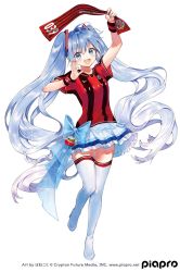 Rule 34 | ;d, ahoge, arm up, blue bow, blue hair, blush, boots, bow, clothes writing, consadole sapporo, frilled skirt, frills, gradient hair, hand up, hanekoto, hatsune miku, high heel boots, high heels, highres, holding, jersey, leg up, long hair, looking at viewer, miniskirt, multicolored hair, official art, one eye closed, open mouth, red shirt, shirt, short sleeves, silver hair, simple background, skirt, smile, solo, standing, standing on one leg, striped clothes, striped shirt, sweatband, thigh boots, thighhighs, twintails, vertical-striped clothes, vertical-striped shirt, very long hair, vocaloid, white background, white skirt, zettai ryouiki