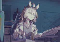 Rule 34 | 1girl, absurdres, agnes tachyon (umamusume), ahoge, animal ears, blurry, blurry foreground, book, brown hair, chair, clothes hanger, coat, desk, drinking straw, earrings, gaming chair, half-closed eyes, highres, holding, holding paper, horse ears, indoors, jewelry, keyboard (computer), lab coat, long hair, long sleeves, mouse (computer), open clothes, open coat, paper, parted lips, pen, shirt, single earring, sitting, solo, stella (stella), swivel chair, umamusume, whiteboard