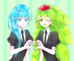 Rule 34 | 2others, androgynous, asymmetrical hair, blue eyes, blue hair, blunt bangs, colored eyelashes, crystal hair, gem uniform (houseki no kuni), green background, green eyes, green hair, heart, hemimorphite (houseki no kuni), highres, houseki no kuni, long hair, looking at viewer, multicolored hair, multiple others, necktie, one eye closed, open mouth, pink hair, smile, upper body, watermelon tourmaline (houseki no kuni)