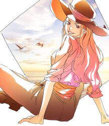Rule 34 | 1girl, aged down, animal, bird, charlotte linlin, cloud, cloudy sky, commentary request, cowboy hat, hat, highres, korean commentary, lips, lipstick, long hair, looking at viewer, looking back, lunglu7, makeup, one piece, pink hair, pink lips, pink shirt, sash, shirt, sitting, sky, smile, solo