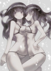 Rule 34 | 2girls, arms behind back, asymmetrical docking, bad id, bad pixiv id, bare shoulders, bikini, black eyes, black hair, blush, breast press, breasts, bubble, covered erect nipples, female focus, from side, hand on own hip, highres, large breasts, long hair, looking away, medium breasts, monochrome, multiple girls, navel, original, pale skin, profile, smile, spot color, swimsuit, tefec, thighs, underwater