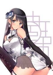 Rule 34 | 1girl, absurdres, black gloves, black hair, china dress, chinese clothes, covering ass, covering privates, dress, earrings, elbow gloves, flower, gloves, hair flower, hair ornament, highres, jewelry, long hair, parted lips, ping-yi (tony taka), simple background, solo, tony taka, white background