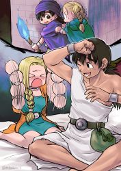 Rule 34 | 1boy, 1girl, aged down, barefoot, bed, belt, bianca (dq5), black hair, blonde hair, bracelet, braid, cape, choker, couple, dragon quest, dragon quest v, embarrassed, hair over shoulder, hero (dq5), highres, imagining, jewelry, long hair, low ponytail, open mouth, pekuchin (pekuchin 3), side braid, torch, turban, twin braids, twintails