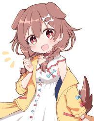 Rule 34 | 1girl, :d, animal ears, blue bow, blush, bone hair ornament, bow, braid, brown hair, cartoon bone, collared dress, dog ears, dog girl, dog tail, dress, hair between eyes, hair ornament, hair over shoulder, hand up, hololive, inugami korone, inugami korone (1st costume), jacket, long hair, long sleeves, looking at viewer, low twintails, notice lines, off shoulder, open clothes, open jacket, open mouth, rabiiandrain, red bow, red eyes, simple background, sleeveless, sleeveless dress, smile, solo, tail, twin braids, twintails, virtual youtuber, white background, white dress, yellow jacket