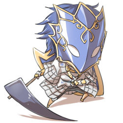 Rule 34 | 1boy, armor, blue hair, breastplate, chainmail, chibi, commentary request, faulds, gauntlets, holding, holding scythe, leg armor, mask, masked, natsuya (kuttuki), pauldrons, ragnarok online, royal guard (ragnarok online), scythe, shield, short hair, shoulder armor, simple background, solo, standing, white background