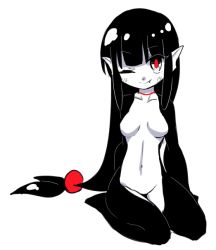 Rule 34 | 1girl, black eyes, black hair, black skin, breasts, colored skin, hime cut, kai himo, long hair, looking at viewer, low-tied long hair, medium breasts, monster girl, multicolored skin, navel, nude, one eye closed, original, pointy ears, red pupils, seiza, simple background, sitting, smile, solo, very long hair, white background, white skin