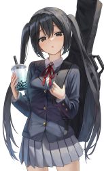 Rule 34 | 1girl, absurdres, black hair, black jacket, bubble tea, collared shirt, cowboy shot, cup, drinking straw, hair between eyes, highres, holding, holding cup, holding strap, instrument case, jacket, k-on!, long hair, looking at viewer, nakano azusa, neck ribbon, parted lips, pleated skirt, ribbon, school uniform, shirt, simple background, skirt, solo, standing, superpig, twintails, very long hair, white background