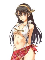 Rule 34 | 10s, 1girl, abo (hechouchou), adapted costume, arms behind back, bikini, black hair, breasts, brown eyes, brown hair, collarbone, floral print, hair ornament, hairband, hairclip, haruna (kancolle), headgear, kantai collection, large breasts, long hair, looking at viewer, navel, sarong, slingshot swimsuit, smile, solo, swimsuit, textless version, transparent background, very long hair