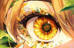 Rule 34 | 1girl, 58 (opal 00 58), blonde hair, close-up, colored eyelashes, commentary, english commentary, eye focus, flower, hair between eyes, hair flower, hair ornament, leaf, light, looking at viewer, original, sidelocks, solo, sunflower, sunflower hair ornament, yellow eyes