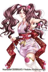 Rule 34 | 1girl, brown hair, dagger, dual wielding, eyeshadow, hair ornament, highres, holding, holding knife, knife, long hair, looking at viewer, makeup, mito amatsu, official art, pink eyes, pom pom (clothes), sengoku hanafuda kassen, solo, standing, standing on one leg, tassel, thighhighs, transparent background, twintails, weapon, white thighhighs
