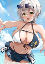 Rule 34 | 1girl, :d, anchor print, beach, bikini, blunt bangs, blurry, blush, breasts, cleavage, collarbone, day, green eyes, grey hair, highres, hololive, large breasts, long hair, looking at viewer, md5 mismatch, navel, neko no suke (nekoneco118), ocean, official alternate costume, open mouth, outdoors, outstretched arms, resolution mismatch, scrunchie, shirogane noel, shirogane noel (summer 2020), smile, solo, source larger, splashing, swimsuit, teeth, upper body, upper teeth only, very long hair, virtual youtuber, water drop, wrist scrunchie