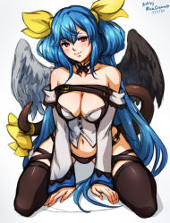 Rule 34 | 1girl, all fours, artist name, asymmetrical wings, bare shoulders, belt, black panties, black thighhighs, blouse, blue hair, blush, bow, breasts, choker, cleavage, dated, detached sleeves, dizzy (guilty gear), guilty gear, guilty gear xrd, hair between eyes, hair bow, hair ribbon, hair rings, kneeling, large breasts, looking at viewer, mina cream, navel, panties, red eyes, ribbon, seductive smile, shirt, simple background, smile, stomach, tail, tail ornament, tail ribbon, thigh strap, thighhighs, twintails, underwear, white background, wings, yellow bow, yellow ribbon