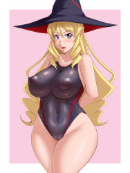 Rule 34 | 1girl, agnes (gegege no kitarou 6), alternate body size, alternate breast size, arms behind back, blonde hair, blush, border, breasts, cameltoe, casual one-piece swimsuit, covered erect nipples, covered navel, cowboy shot, curvy, drill hair, drill sidelocks, elf, facing viewer, gegege no kitarou, gegege no kitarou 6, hat, impossible clothes, impossible swimsuit, large breasts, long hair, looking at viewer, one-piece swimsuit, orange eyes, outside border, pink background, pointy ears, see-through, sidelocks, solo, standing, swimsuit, tomite, white border, witch hat, wizard hat