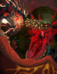 Rule 34 | absurdres, battle, blue eyes, deviljho, dragon, energy, fire, highres, horns, monster, monster hunter (series), no humans, open mouth, pekoson, rathalos, red eyes, sharp teeth, spikes, tail, teeth, tongue, wings, wyvern, yellow eyes