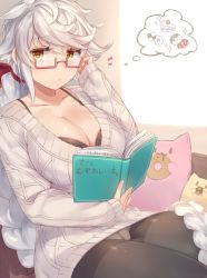 Rule 34 | 10s, 1girl, aran sweater, asymmetrical hair, bad id, bad twitter id, bespectacled, black bra, black pantyhose, book, bow, bra, bra peek, braid, breasts, cable knit, cake, cake slice, checkerboard cookie, cleavage, cookie, couch, crotch seam, doughnut, dress, food, glasses, hair between eyes, hair bow, hair ornament, jitome, kantai collection, large breasts, long hair, looking at viewer, open book, panties, panties under pantyhose, pantyhose, pokoten (pokoten718), semi-rimless eyewear, silver hair, single braid, sitting, solo, sparkle, spoken food, sweater, sweater dress, thighband pantyhose, thought bubble, underwear, unryuu (kancolle), very long hair, yellow eyes
