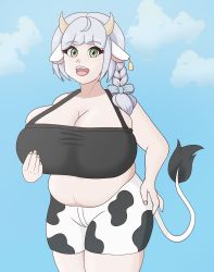 Rule 34 | 1girl, absurdres, animal ears, animal print, belly, braid, breasts, cleavage, cow ears, cow girl, cow print, cow tail, green eyes, highres, horns, huge breasts, long hair, open mouth, plump, smile, solo, tail, thighs, white hair