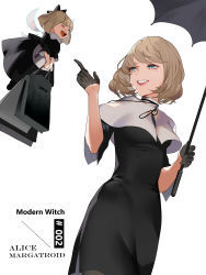Rule 34 | 2girls, :d, ^ ^, alice margatroid, alternate costume, apron, bag, black bow, black dress, black gloves, black legwear, blonde hair, blue eyes, bow, breasts, capelet, character name, closed eyes, commentary, dress, feet out of frame, gloves, grin, hair bow, hands up, highres, holding, holding bag, holding umbrella, index finger raised, lipstick, long sleeves, makeup, medium breasts, multiple girls, open mouth, pantyhose, pointing, red lips, reeh (yukuri130), shanghai doll, shopping bag, short hair, simple background, smile, standing, touhou, umbrella, waist apron, white background, white capelet, wings
