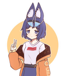 Rule 34 | 1girl, animal ear fluff, animal ears, belt, blue hair, blue skirt, closed mouth, fox ears, hairband, hand up, highres, jacket, jacy, long sleeves, looking at viewer, mask, mask on head, mouth mask, off shoulder, orange jacket, original, shirt, shirt tucked in, short hair, skirt, smile, solo, souko chie, surgical mask, upper body, v, v-neck, white shirt