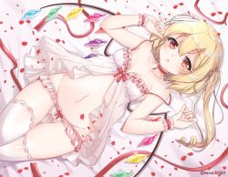 Rule 34 | 1girl, artist name, babydoll, bed sheet, blonde hair, bow, bow panties, braid, breasts, choker, cleavage, collarbone, commentary request, cowboy shot, crystal, flandre scarlet, frilled panties, frills, gluteal fold, groin, hair between eyes, hands up, haruki (colorful macaron), lace, lace-trimmed legwear, lace trim, long hair, looking at viewer, lying, navel, no headwear, on back, one side up, panties, parted lips, petals, red bow, red choker, red eyes, red ribbon, ribbon, rose petals, small breasts, solo, spaghetti strap, stomach, strap slip, thighhighs, thighs, touhou, twitter username, underwear, underwear only, white panties, white thighhighs, wings, wrist cuffs