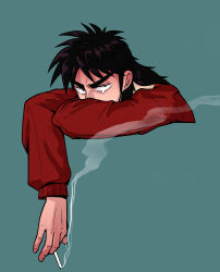 Rule 34 | 1boy, absurdres, blue background, cigarette, commentary request, cropped torso, fukumoto nobuyuki (style), highres, holding, holding cigarette, itou kaiji, jacket, kaiji, long hair, long sleeves, looking at viewer, male focus, medium bangs, official style, parody, pointy nose, red jacket, smoking, solo, style parody, upper body, usarinko, v-shaped eyebrows