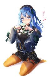 Rule 34 | 1girl, absurdres, belt, beret, black choker, black hat, black shirt, black skirt, blue coat, blue eyes, blue hair, blush, bow, choker, closed mouth, coat, eyelashes, fingernails, full body, green bow, hands up, hat, heart, heart fingers, heart hands, highres, hololive, hoshimachi suisei, hoshimachi suisei (streetwear), lace, lace choker, long hair, looking at viewer, md5 mismatch, mugiusagi, nail polish, no shoes, off-shoulder coat, off shoulder, orange pantyhose, pantyhose, pink nails, shirt, side ponytail, simple background, sitting, skirt, solo, translated, virtual youtuber, wariza, wavy hair, white background, winter clothes, winter coat