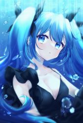 Rule 34 | 1girl, amane3, black dress, blue eyes, blue hair, breasts, bubble, cleavage, collarbone, dress, floating hair, hair between eyes, hatsune miku, highres, long hair, medium breasts, parted lips, shinkai shoujo (vocaloid), sleeveless, sleeveless dress, solo, twintails, underwater, upper body, very long hair, vocaloid