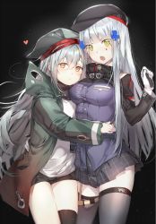 Rule 34 | 2girls, :&lt;, arm around waist, bad id, bad twitter id, beret, black background, black hat, black legwear, black shorts, black skirt, blue jacket, blunt bangs, blush, breasts, clothes writing, coat, cowboy shot, cross, dore (gilles dore), g11 (girls&#039; frontline), girls&#039; frontline, gloves, green coat, green eyes, green hat, grey hair, hair between eyes, hair ornament, hairpin, hat, heart, highres, hk416 (girls&#039; frontline), hug, iron cross, jacket, light particles, long hair, long sleeves, looking at another, looking at viewer, medium breasts, miniskirt, multiple girls, open clothes, open coat, open mouth, orange eyes, plaid, plaid skirt, pleated skirt, pouch, short shorts, shorts, simple background, single thighhigh, skirt, standing, thigh gap, thighhighs, thighs, white gloves, yuri, zettai ryouiki