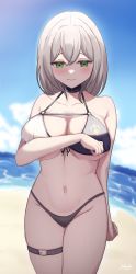 Rule 34 | 1girl, absurdres, beach, bikini, blue sky, blush, breasts, cleavage, closed mouth, cloud, cloudy sky, covering privates, covering breasts, day, green eyes, hair between eyes, hashira 14, highres, hololive, looking at viewer, navel, ocean, official alternate costume, shirogane noel, shirogane noel (summer 2020), sky, solo, standing, swimsuit, thigh strap, virtual youtuber, white hair