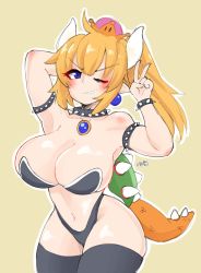 Rule 34 | 1girl, absurdres, bikini, black thighhighs, blue eyes, blush, bowsette, bracelet, breasts, cleavage, highres, horns, jewelry, large breasts, mahruru, mario (series), new super mario bros. u deluxe, nintendo, spiked bracelet, spikes, super crown, swimsuit, tail, thighhighs, v