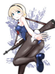 Rule 34 | 1girl, a9b (louis814), absurdres, ass, bare shoulders, between breasts, black pantyhose, blonde hair, blue eyes, blush, braid, breasts, detached collar, embarrassed, fishnet pantyhose, fishnets, gun, gun sling, hairband, highres, leotard, looking at viewer, necktie, necktie between breasts, noble witches, open mouth, pantyhose, playboy bunny, rabbit girl, rabbit tail, red necktie, rosalie de hemricourt de grunne, short necktie, sideboob, solo, strike witches, tail, tears, weapon, weapon request, world witches series, wrist cuffs