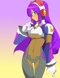 Rule 34 | 1girl, android, blush, breasts, capcom, covered navel, cowboy shot, female focus, gloves, gradient background, green eyes, highres, large breasts, layer (mega man), light smile, long hair, mega man (series), mega man x (series), mole, mole under eye, moon5225, purple hair, robot ears, simple background, solo, underboob, white gloves