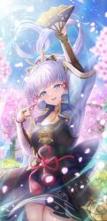 Rule 34 | 1girl, arm up, armor, ayaka (genshin impact), blue eyes, blue sky, blunt bangs, blush, cherry blossoms, chinese knot, commentary request, day, dou, floating hair, flower, folding fan, genshin impact, grey hair, hair ornament, hand fan, highres, holding, holding fan, japanese armor, japanese clothes, long hair, looking at viewer, mole, mole under eye, neck tassel, outdoors, penguintake, petals, pink flower, ponytail, sky, smile, solo, tassel, teeth, tree, upper teeth only, very long hair