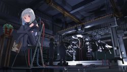 Rule 34 | 1girl, 2boys, absurdres, armband, black bodysuit, black jacket, black pants, bodysuit, book, cable, closed mouth, commentary request, facing away, highres, holding, holding book, hugging own legs, indoors, jacket, legs up, looking at viewer, makadamixa, mecha musume, multiple boys, on chair, original, pants, plant, potted plant, railing, red eyes, signature, silver hair, sitting, solo focus, standing