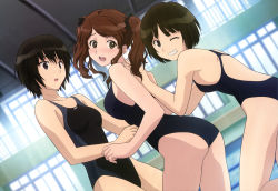 Rule 34 | 3girls, absurdres, amagami, ass, black eyes, black hair, blush, bow, brown eyes, brown hair, competition swimsuit, hair bow, highres, ishikura keiichi, multiple girls, nakata sae, nanasaki ai, non-web source, nyantype, official art, one-piece swimsuit, one eye closed, open mouth, school swimsuit, short hair, short twintails, swimsuit, tachibana miya, twintails, wink