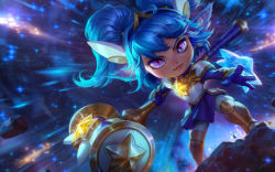 Rule 34 | 1girl, alternate costume, alternate hairstyle, armor, blue eyes, blue gloves, blue hair, breastplate, fang, gloves, greaves, hammer, highres, kiu (larckiu), league of legends, long hair, magical girl, matching hair/eyes, official art, panties, pantyhose, poppy (league of legends), skirt, solo, star (symbol), star guardian (league of legends), star guardian poppy, tiara, twintails, underwear, weapon, white pantyhose, yordle