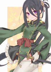 Rule 34 | 1girl, black hair, buttons, chokutou, closed mouth, double-breasted, floral background, frills, gloves, hair between eyes, hair ornament, highres, long hair, long sleeves, looking at viewer, military, military uniform, out of frame, outside border, purple eyes, red sash, sash, sheath, sheathed, shichiseiken (tenka hyakken), side ponytail, side slit, smile, solo, tenka hyakken, thighhighs, uniform, weapon, white gloves, white thighhighs, wide sleeves, x0919a