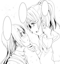 Rule 34 | 10s, 2girls, ayase eli, blush, breasts, clearite, cleavage, greyscale, hair ornament, hairclip, hand on another&#039;s chin, love live!, love live! school idol project, medium breasts, monochrome, multiple girls, open mouth, ponytail, profile, scrunchie, sonoda umi, speech bubble, yuri