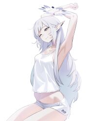 Rule 34 | 1girl, absurdres, armpits, blue archive, breasts, camisole, closed mouth, collarbone, commentary, controlline3, english commentary, grey eyes, halo, hands up, highres, himari (blue archive), hip bones, long hair, mole, mole under eye, one eye closed, pointy ears, short shorts, shorts, simple background, sketch, sleeveless, small breasts, solo, stretching, tears, very long hair, white background, white camisole, white hair