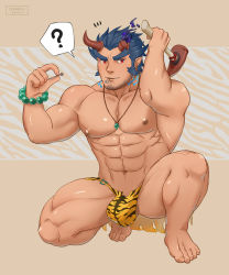 Rule 34 | 1boy, ?, abs, bad id, bad pixiv id, bara, beard, blue hair, bulge, cerberus arts, dark blue hair, demon boy, facial hair, fang, fiery horns, full body, horns, jewelry, large pectorals, long sideburns, looking at viewer, male focus, manly, muscular, necklace, nipples, pectorals, scar, sideburns, solo, stubble, takemaru (housamo), thick eyebrows, tokyo houkago summoners