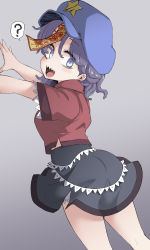 Rule 34 | 1girl, ?, ass, black skirt, blue eyes, blue hat, blush, breasts, cabbie hat, commentary request, feet out of frame, gradient background, grey background, hat, hat ornament, highres, jiangshi, lace-trimmed sleeves, lace trim, looking at viewer, looking back, medium breasts, miyako yoshika, ofuda, open mouth, outstretched arms, purple hair, red shirt, sharp teeth, shika miso, shirt, short hair, short sleeves, skirt, solo, spoken question mark, star (symbol), star hat ornament, teeth, touhou, zombie pose