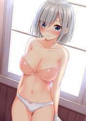 Rule 34 | 10s, 1girl, absurdres, adhesive bra, arms at sides, artist request, backlighting, blue eyes, blush, bow, bow panties, bra, breasts, cleavage, collarbone, cowboy shot, dutch angle, eyebrows, eyes visible through hair, gloves, hair ornament, hair over one eye, hairclip, hamakaze (kancolle), highres, indoors, jack dempa, kantai collection, large breasts, navel, panties, pink bow, pink bra, polka dot, polka dot swimsuit, shiny skin, short hair, silver hair, solo, standing, stomach, strapless, strapless bra, swimsuit, thigh gap, underwear, underwear only, white gloves, window