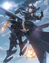 Rule 34 | 1girl, :o, alice gear aegis, bare shoulders, battle, black hair, black skirt, boots, cloud, cloudy sky, commentary request, elbow gloves, explosion, flying, gloves, grey eyes, gun, highres, holding, holding gun, holding weapon, long hair, mecha musume, open mouth, personification, qr code, rifle, skirt, sky, solo, sun, teeth, thigh boots, tom-neko (zamudo akiyuki), upper teeth only, weapon